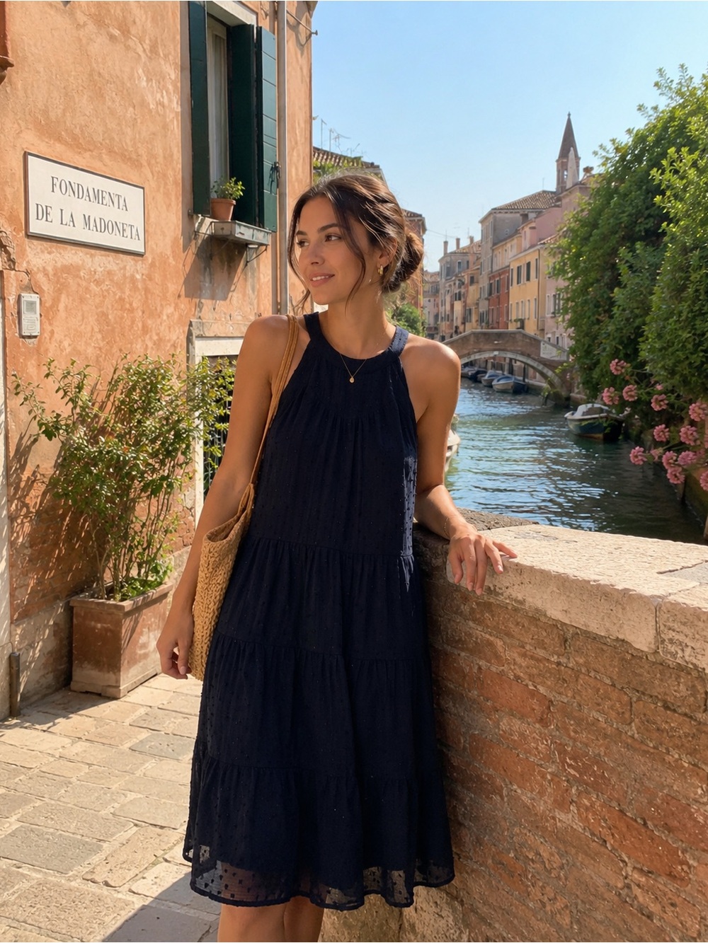 Monteau Navy Halter Tiered Mini Dress